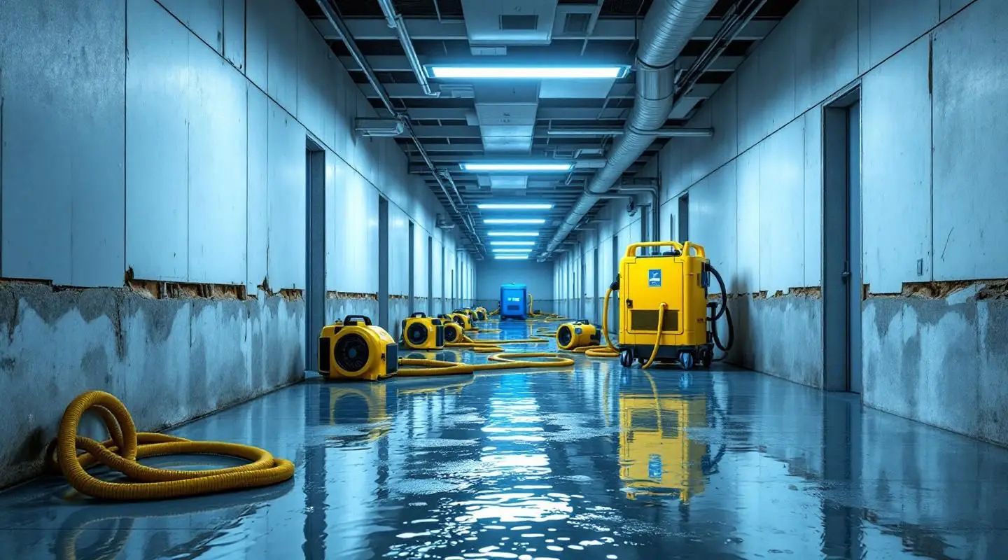 Professional restoration crew using industrial water extraction equipment in a Kent commercial office space.