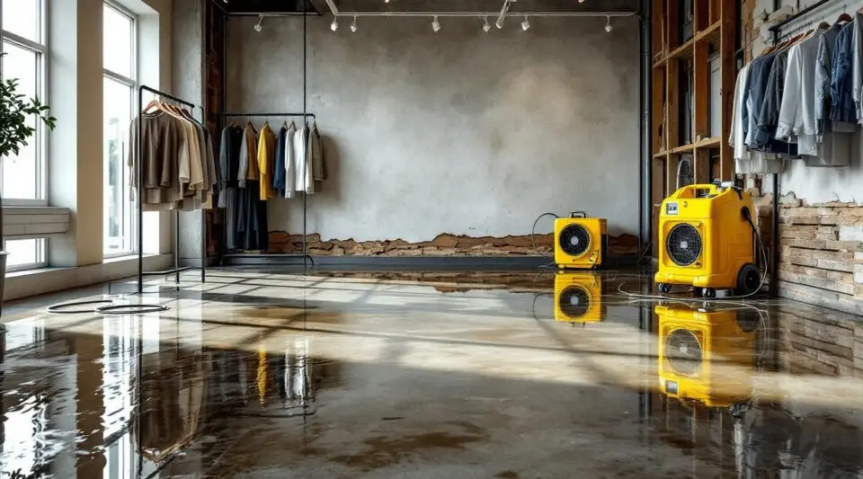 Professional restoration team using industrial water extraction equipment in a flooded Kent retail showroom