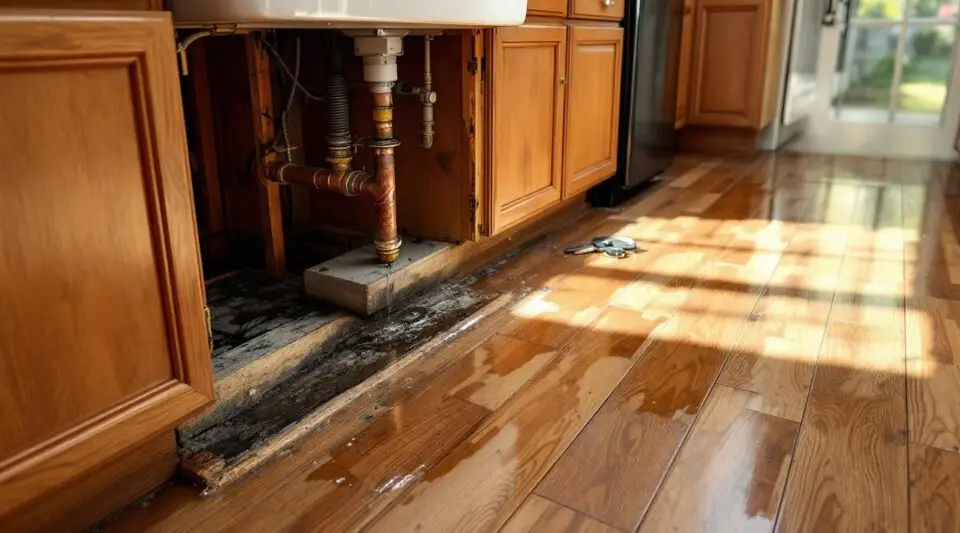 A professional restoration expert using moisture detection tools under a kitchen sink in Kent.