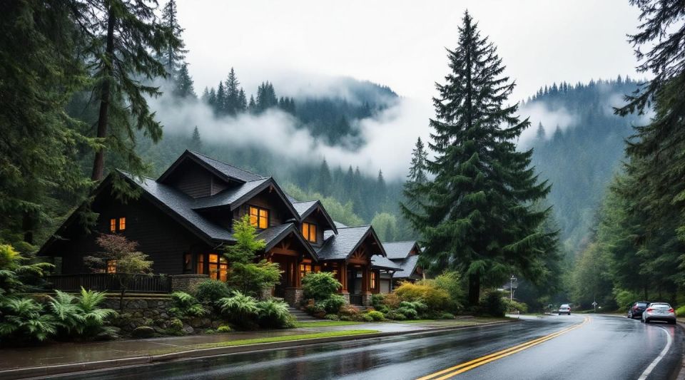 A professional restoration van parked on a residential street in Issaquah, WA, with the lush green foothills of Tiger Mountain visible in the background.