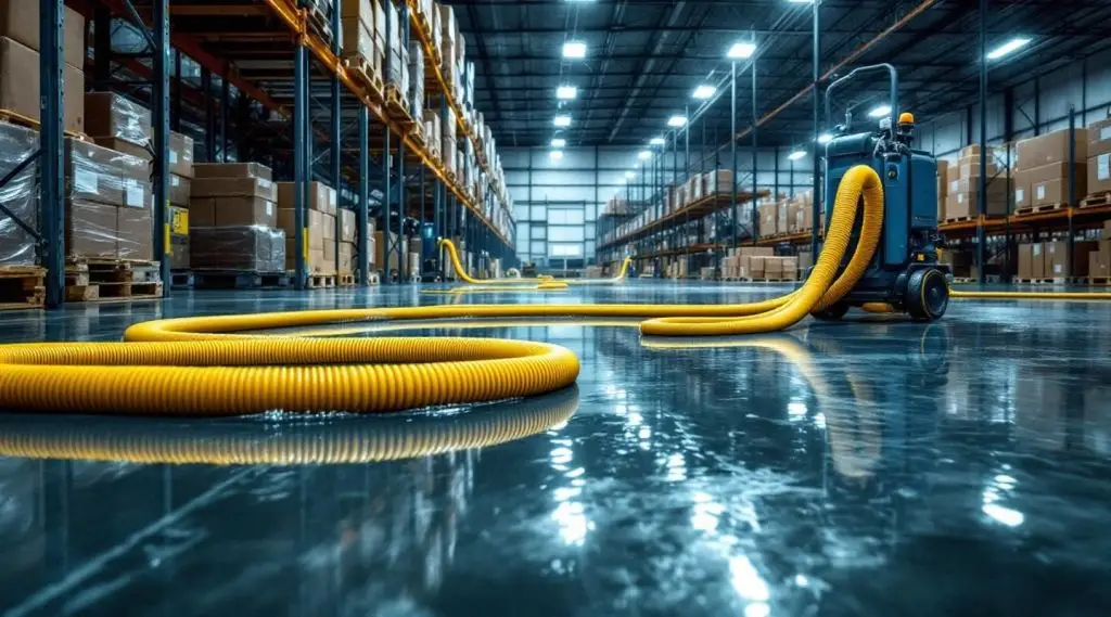 Commercial water extraction team removing floodwater from a large warehouse facility in Kent using heavy-duty truck-mounted equipment and industrial-grade pumps.