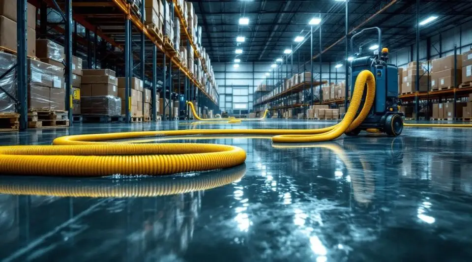 Commercial water extraction team removing floodwater from a large warehouse facility in Kent using heavy-duty truck-mounted equipment and industrial-grade pumps.