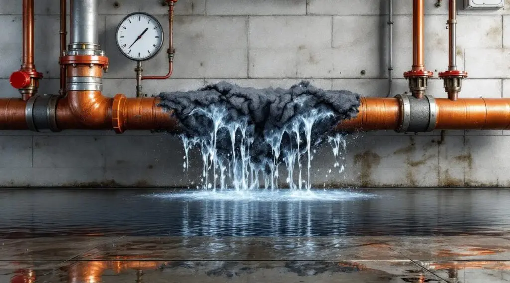 Commercial restoration technicians repairing a burst pipe and extracting water in a large Kent commercial facility to prevent structural damage and ensure rapid business recovery.