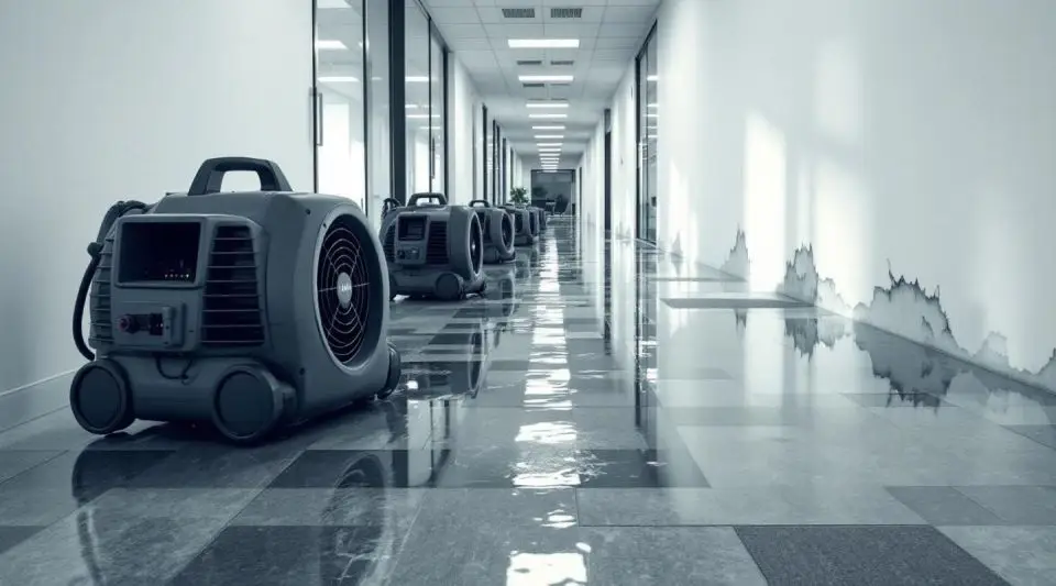 Professional restoration team using industrial water extraction equipment in a flooded commercial office lobby.