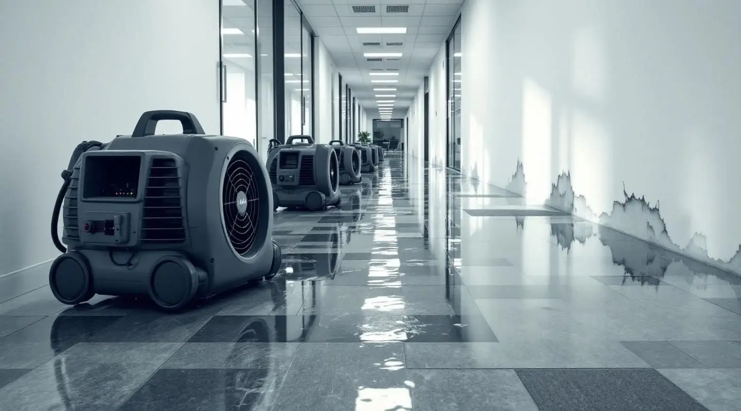 Professional restoration team using industrial water extraction equipment in a flooded commercial office lobby.