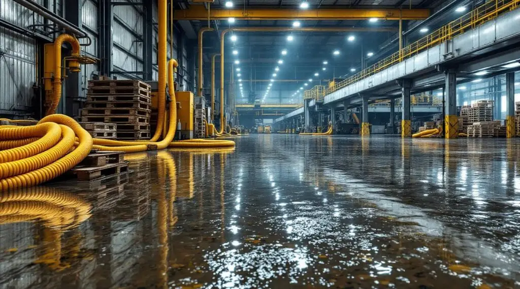 Commercial restoration technicians operating heavy-duty water extraction machinery in a flooded industrial facility in Kent