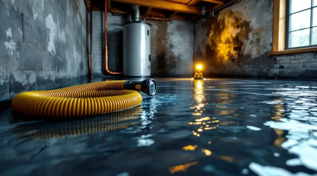 Professional restoration technician using high-powered water extraction equipment in a Kent residential basement
