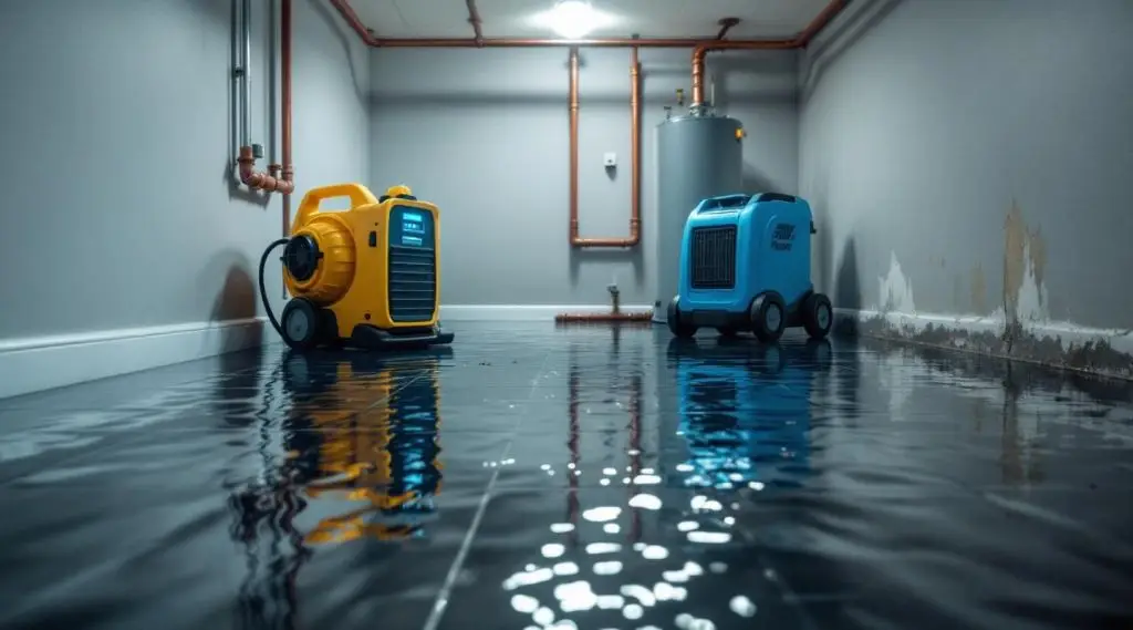 A professional restoration expert drying a flooded hardwood floor in a Kent residence using industrial-grade air movers and dehumidifiers to perform Emergency Water Damage Repair.