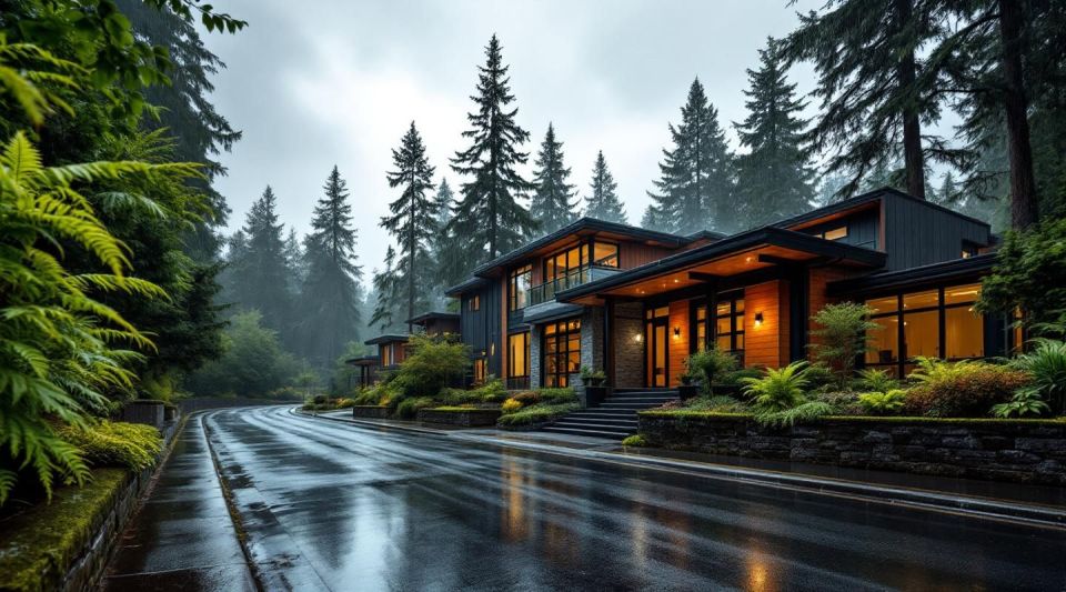 A professional restoration technician assessing water damage in a modern Bellevue home overlooking Lake Washington.