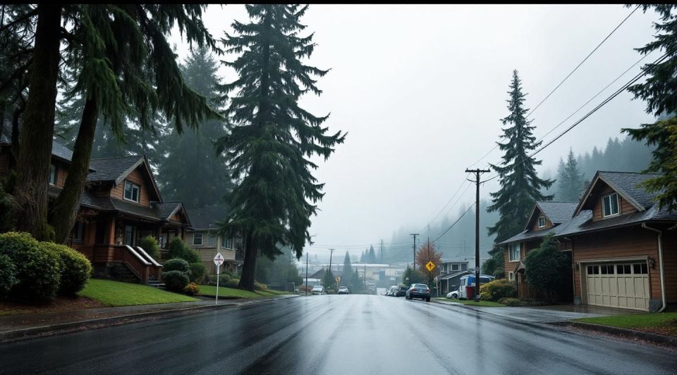 A professional restoration vehicle parked on a residential street in Auburn near the White River during a rainy afternoon.